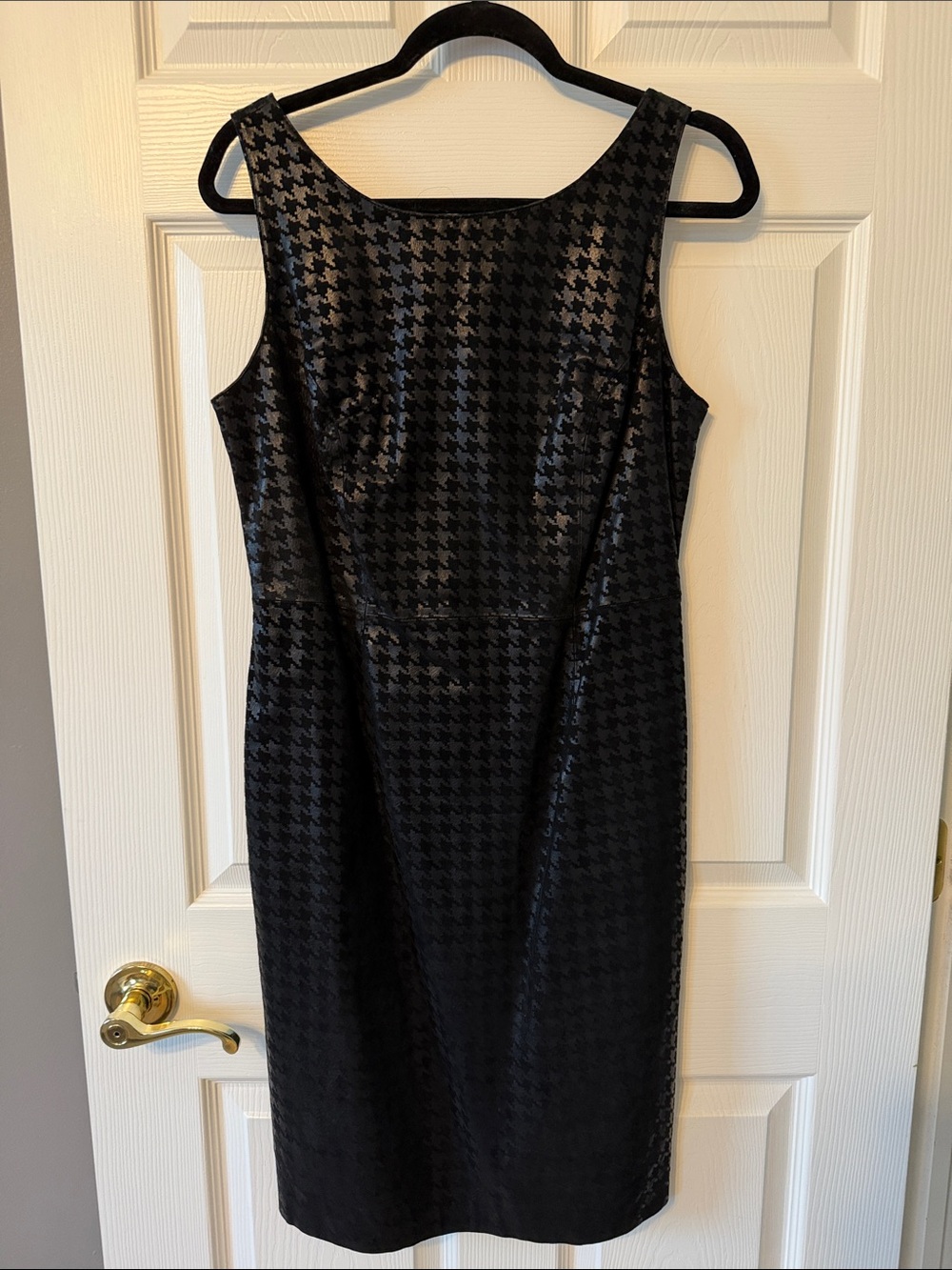 Cache Black Houndstooth Midi Sheath Dress Leather